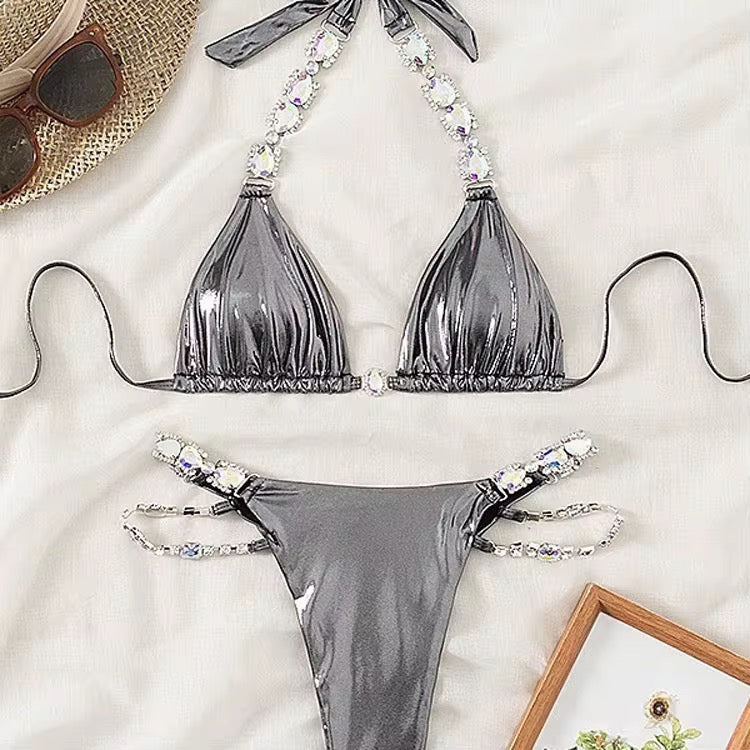 Silver bikini with rhinestones