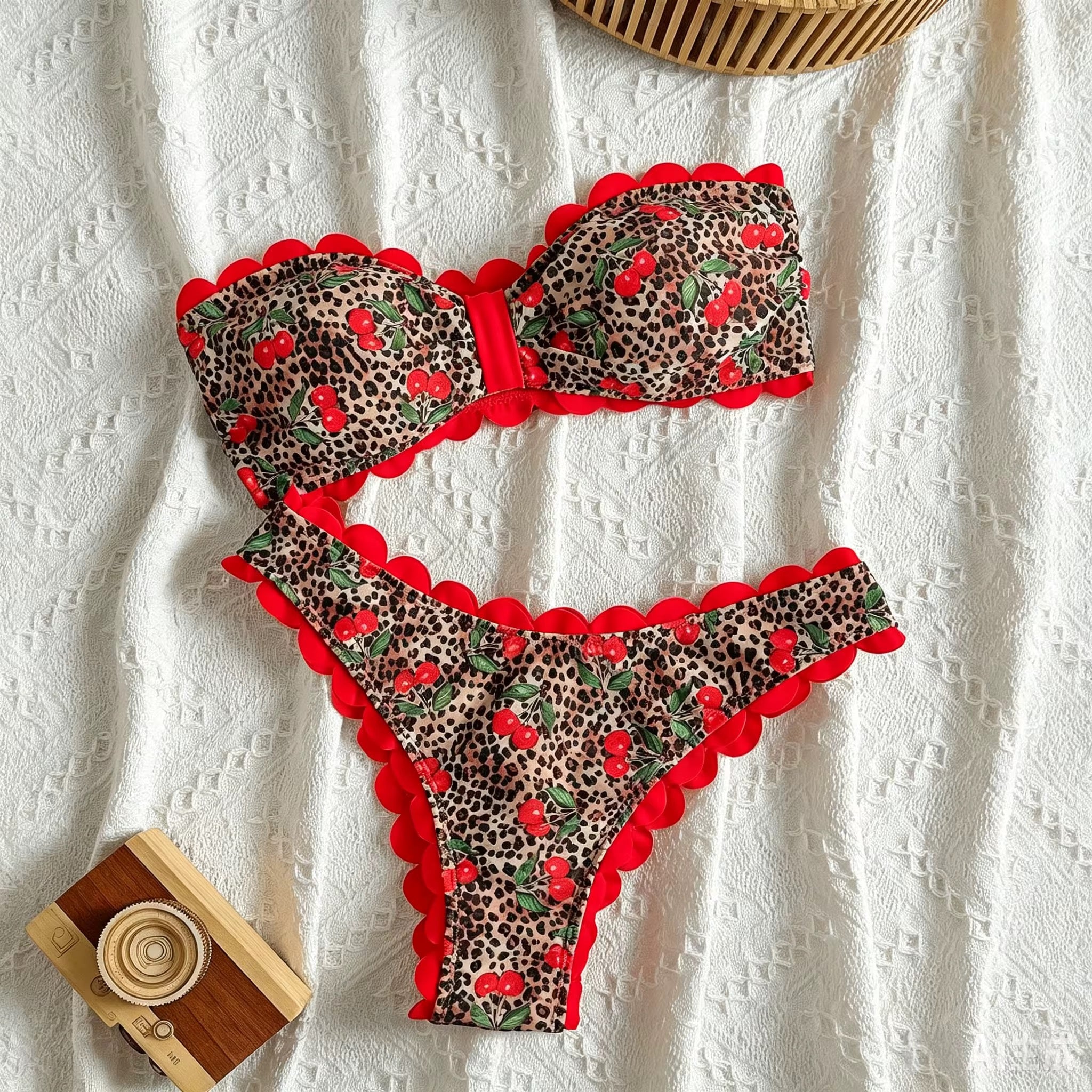 Red lining leopard strapless bathing suit