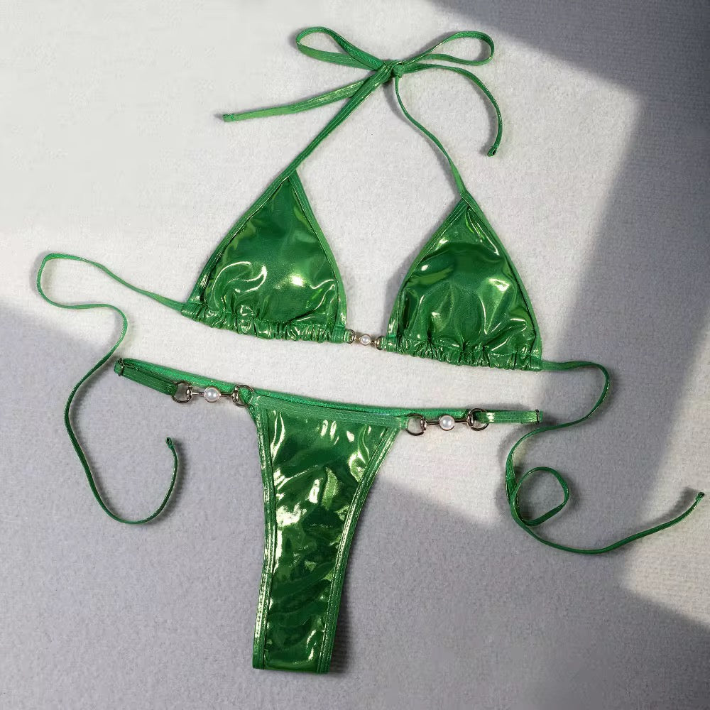 PU Leather Pearls Bikini Mini Micro Thong Bikinis