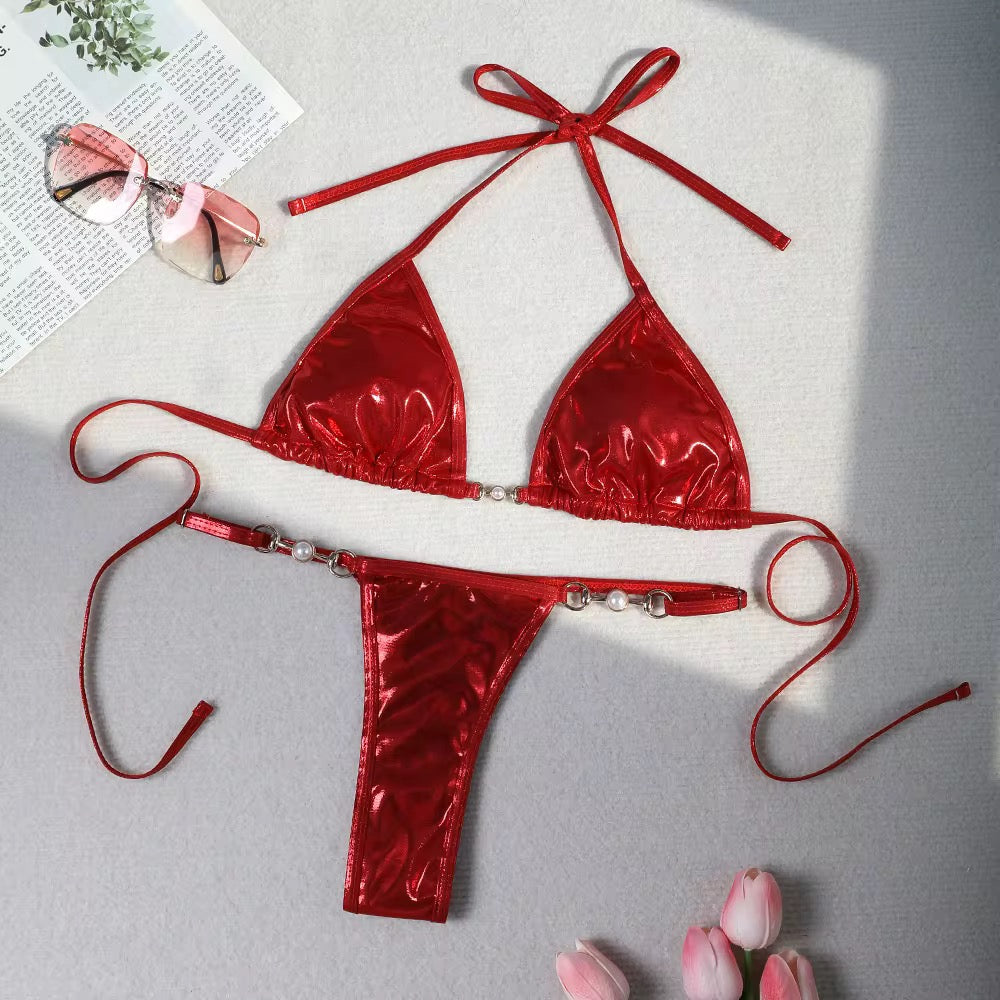 PU Leather Pearls Bikini Mini Micro Thong Bikinis