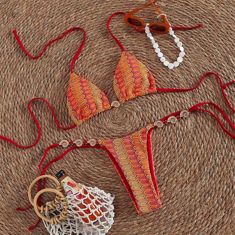 Two-pieces Bikini set High Cut Leg Strappy Bather Bathing Suit Swim Printed Halter Bikini