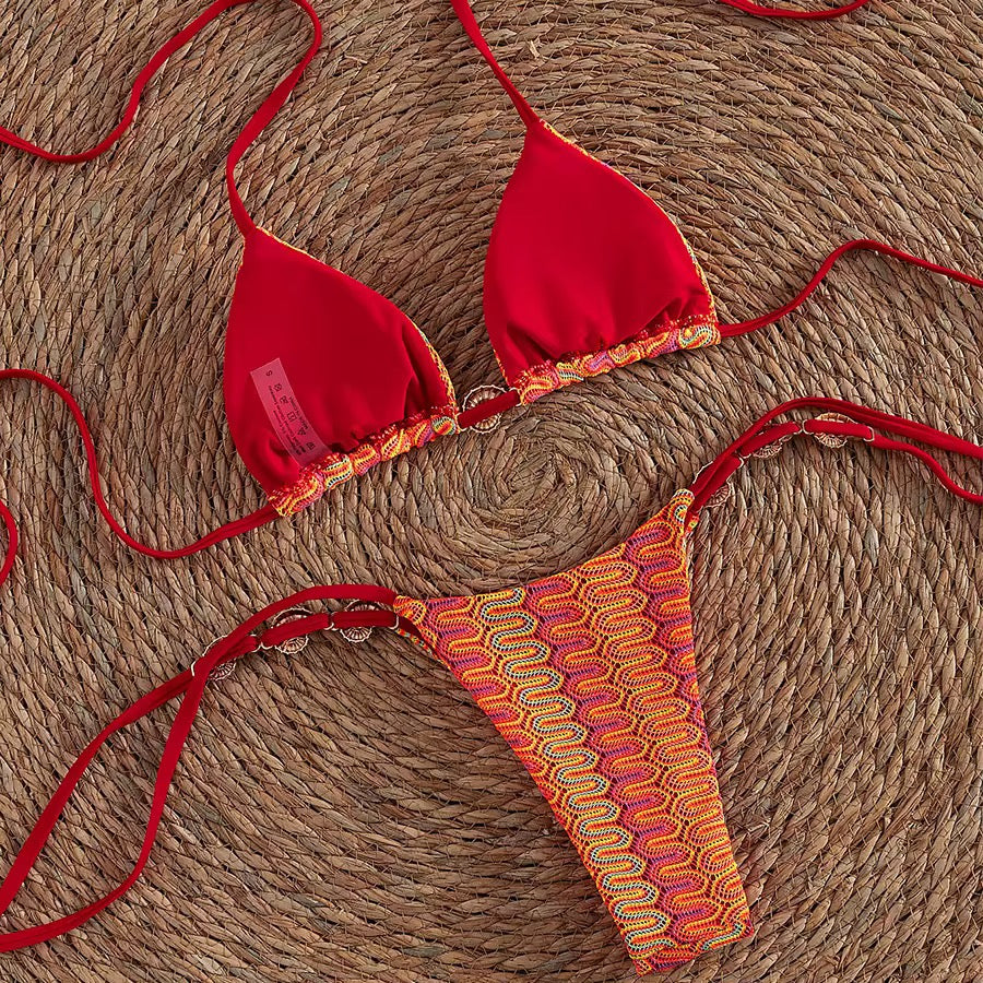 Two-pieces Bikini set High Cut Leg Strappy Bather Bathing Suit Swim Printed Halter Bikini